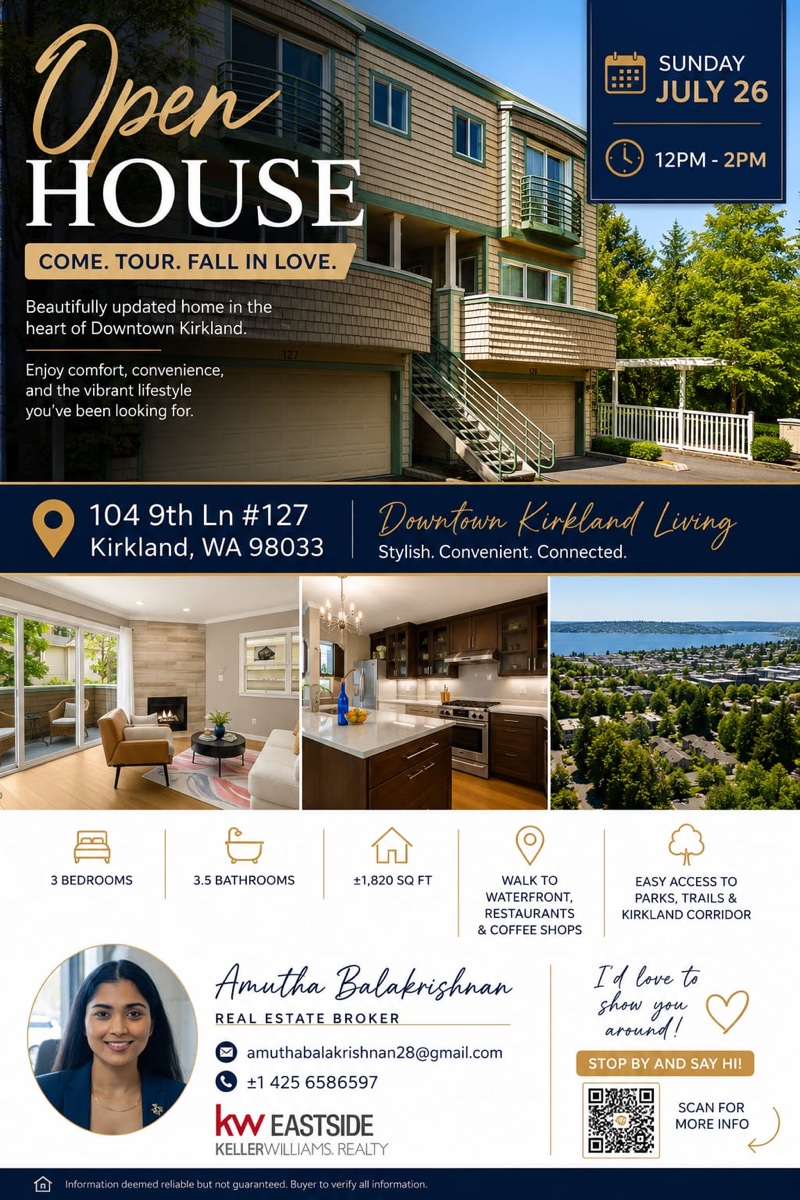 Open House — 104 9th Ln #127, Kirkland, WA 98033. Sunday July 26, 12–2 PM. 3 bed, 3.5 bath, 1,820 sqft home in Downtown Kirkland.