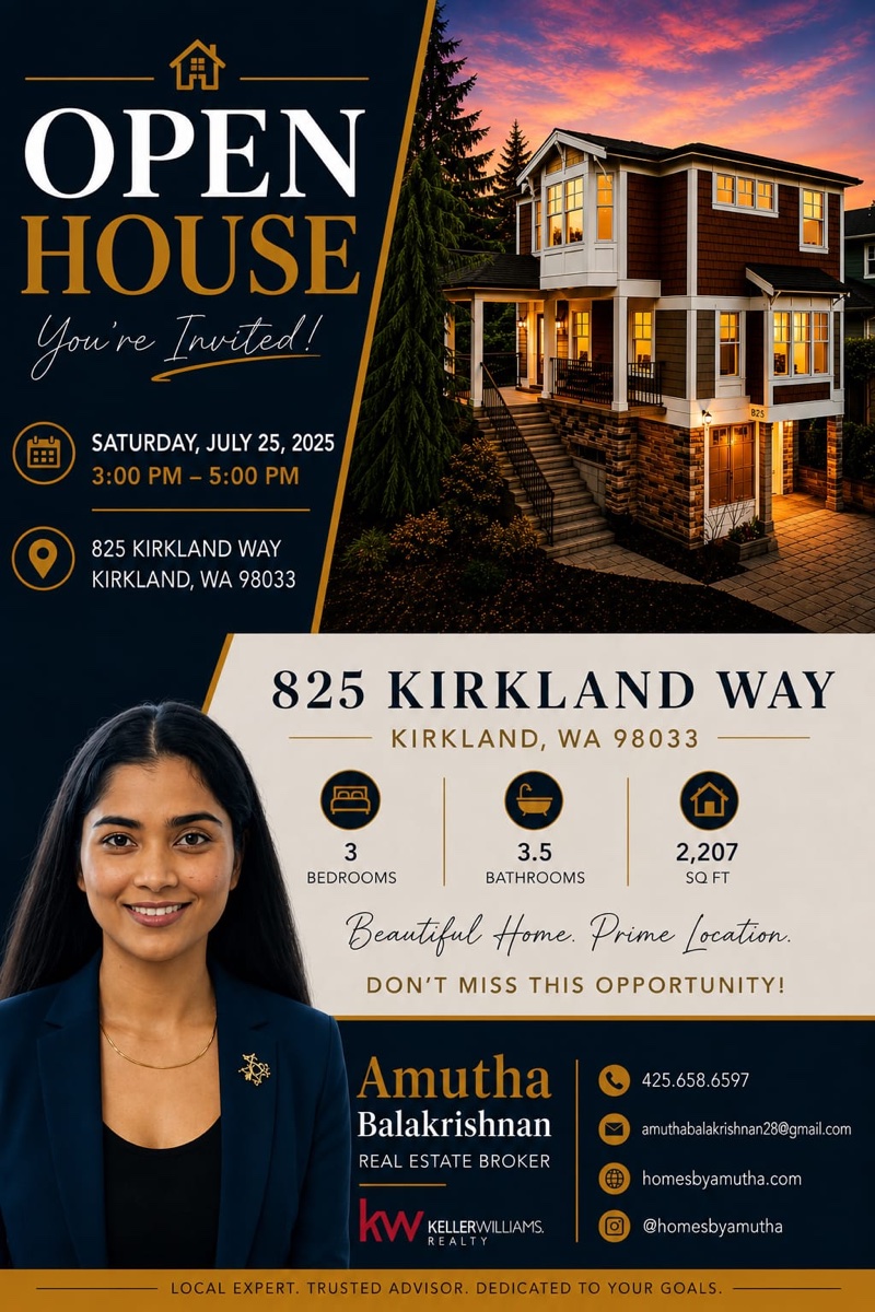 Open House — 825 Kirkland Way, Kirkland, WA 98033. Saturday July 25 and Sunday July 26, 3–5 PM. 3 bed, 3.5 bath, 2,207 sqft Kirkland home.